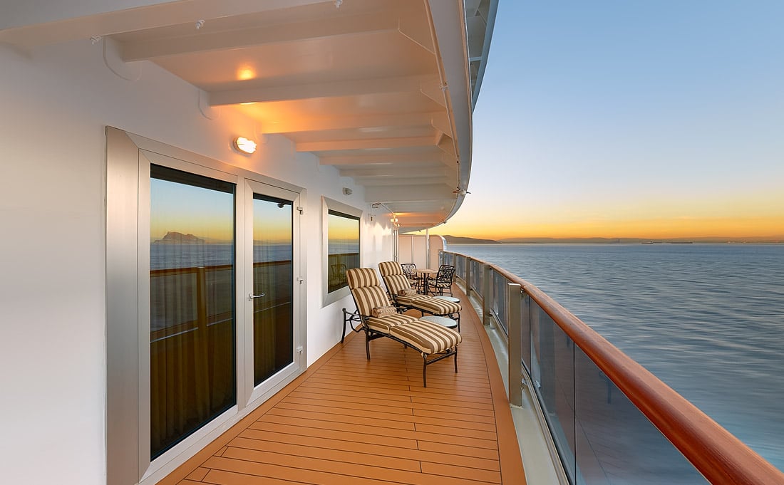 360 panorama of the Q1 Suite balcony onboard the Cunard liner Queen Elizabeth Thumbnail link to the Queen Elizabeth cruise ship virtual tour created for Cunard