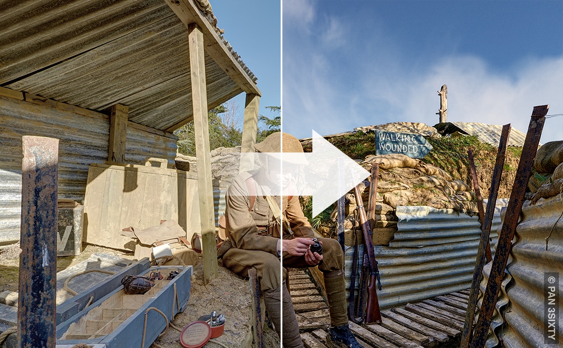 Demo of image retouching - 360 panorama of a replica First World War trench Thumbnail link to demo of image retouching - 360 panorama of a replica First World War trench